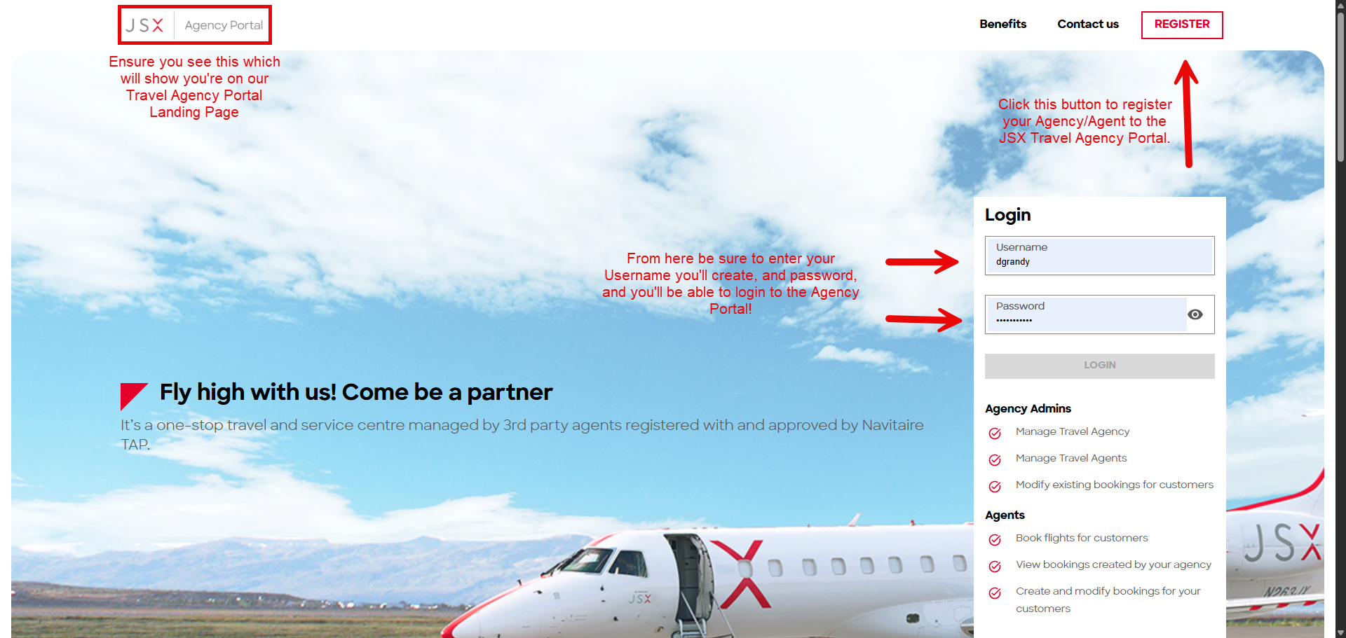 JSX Agency Portal landing page with the Register button at top right and the Login panel