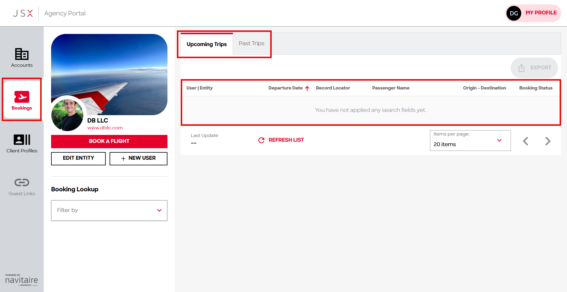 Bookings tab with Upcoming Trips, Past Trips and Booking Lookup