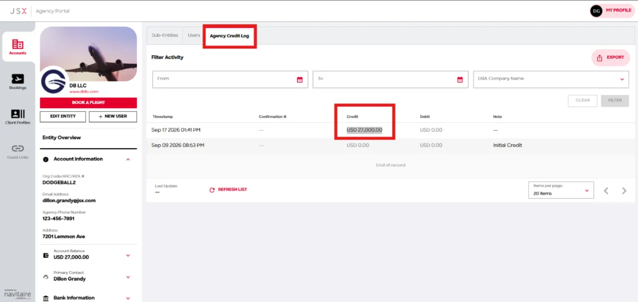 Agency Credit Log tab with Filter Activity and Export