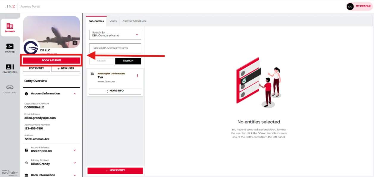 Agency Portal account panel with the Book A Flight button