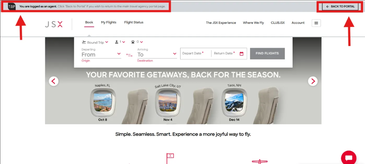 JSX.com homepage with the agent banner and Back To Portal button