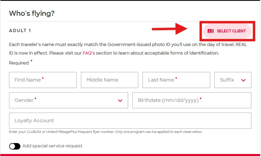 Who's flying traveler form with the Select Client button