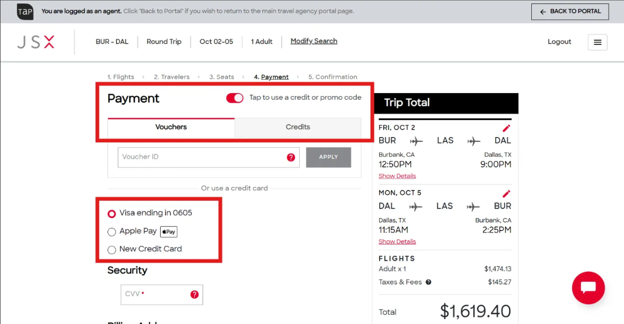 JSX.com Payment step with Vouchers, Credits, saved card and Apple Pay