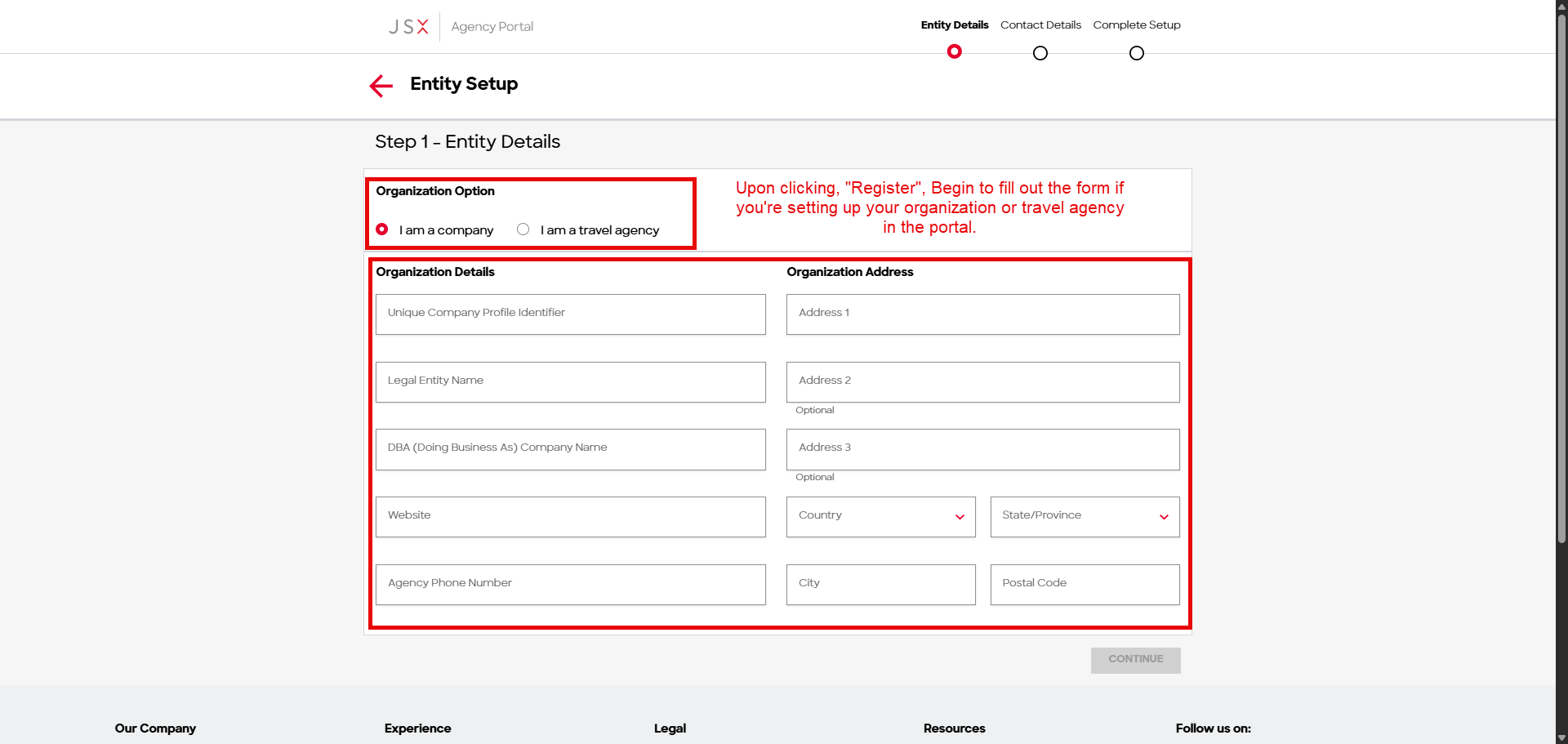 Step 1 Entity Details form, blank, showing the Organization Option selector