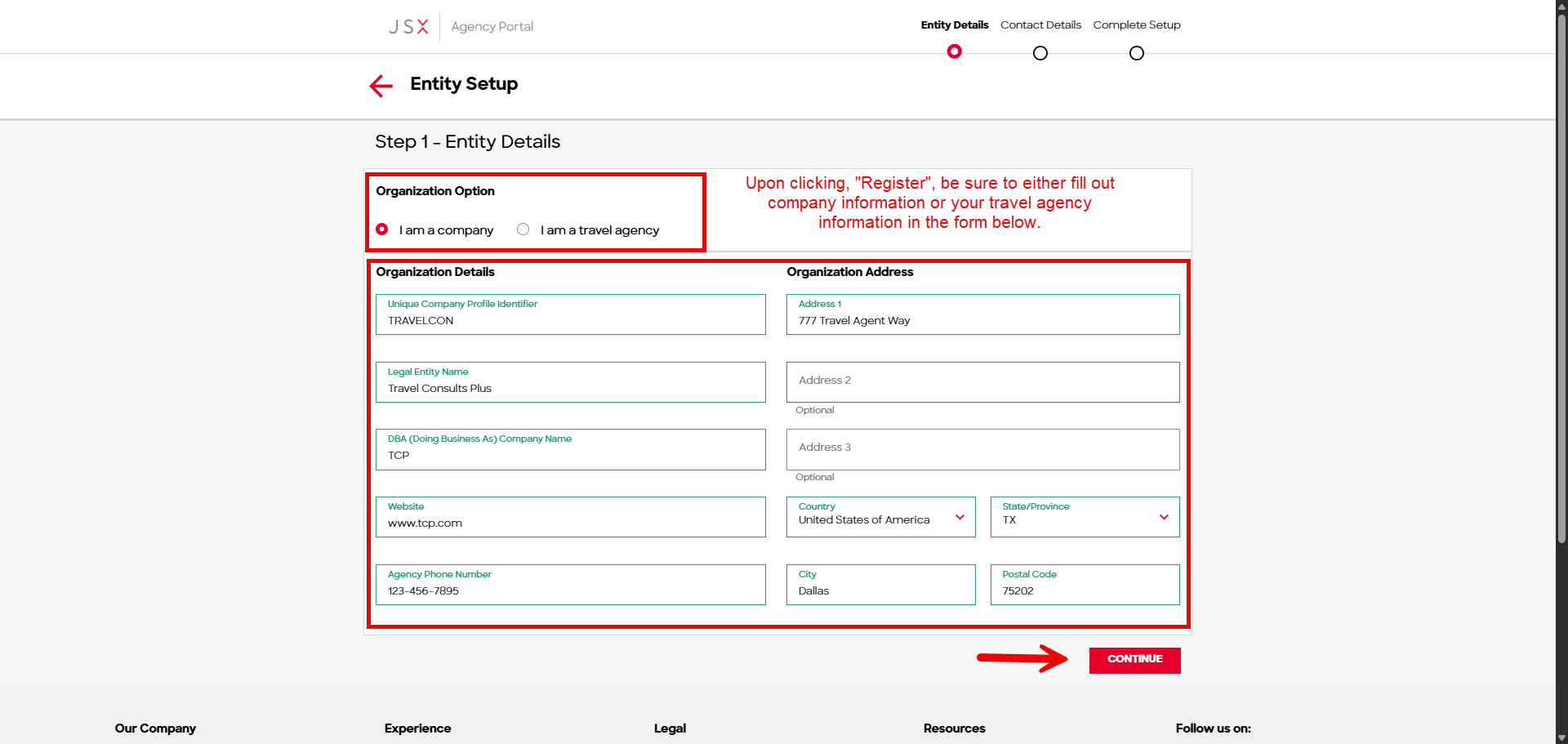 Step 1 Entity Details completed as a company