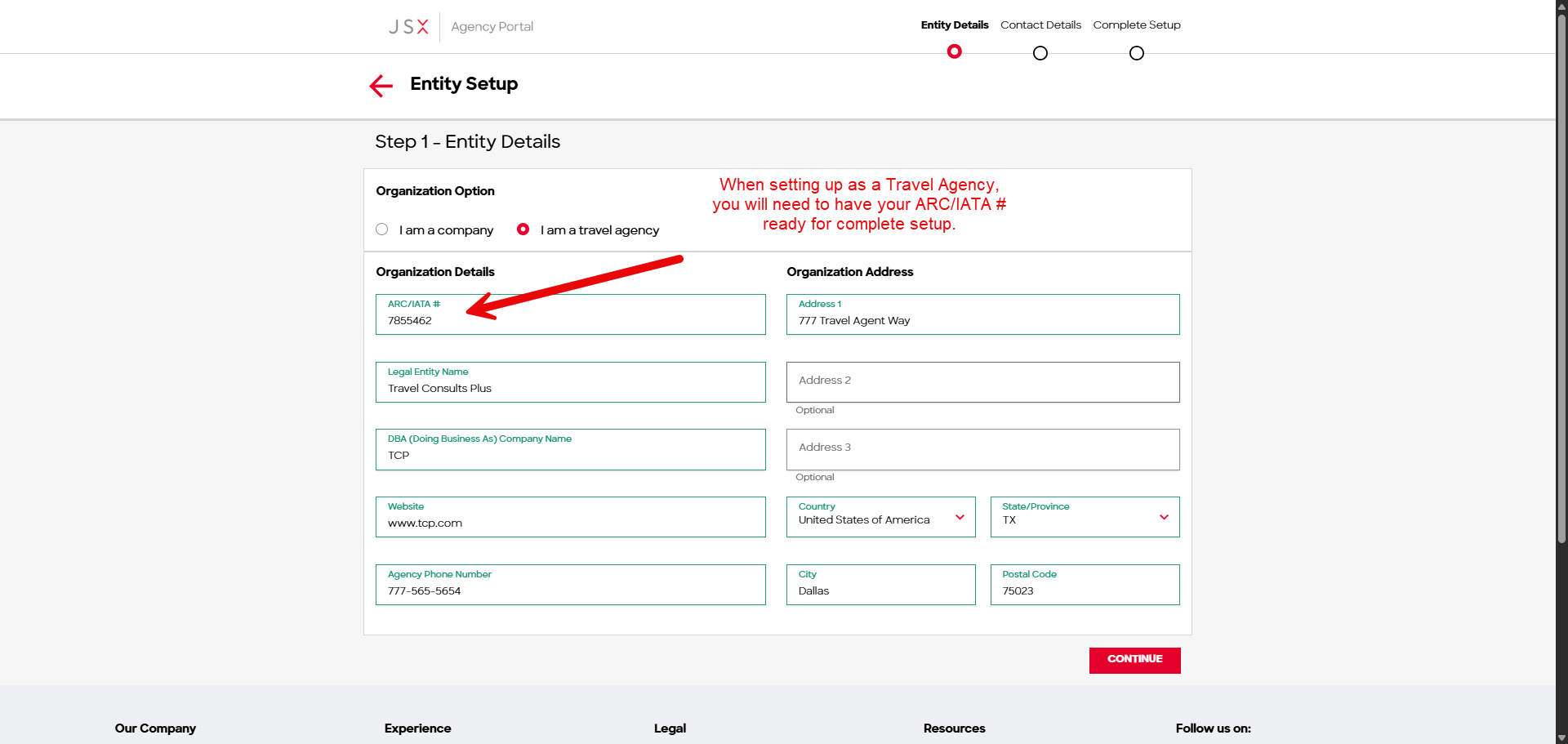 Step 1 Entity Details completed as a travel agency with the ARC/IATA number