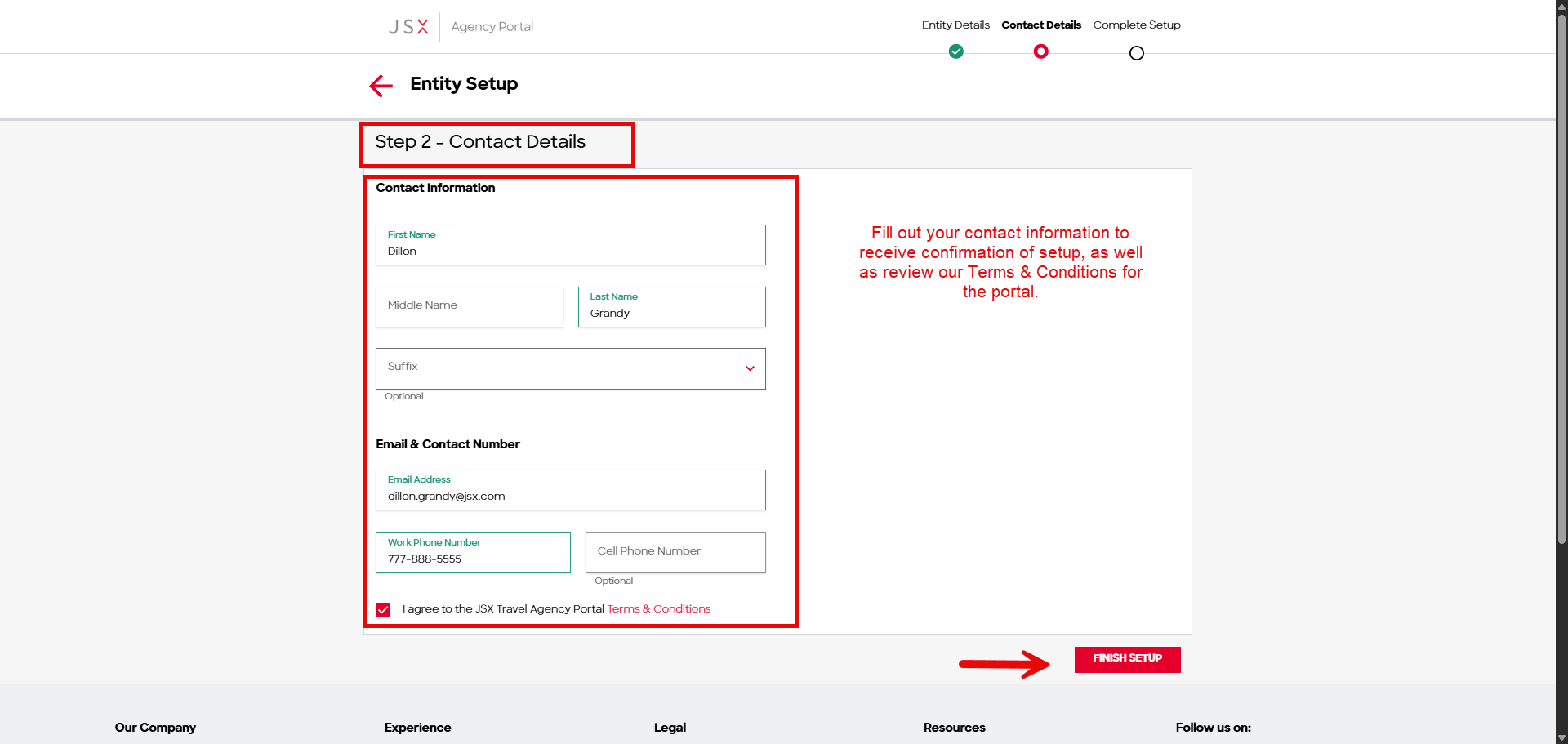Step 2 Contact Details form with the Terms and Conditions checkbox