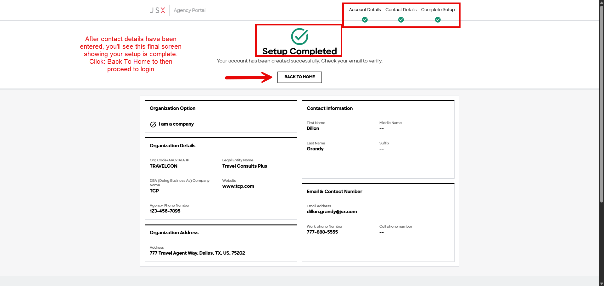 Setup Completed screen summarizing the submitted details