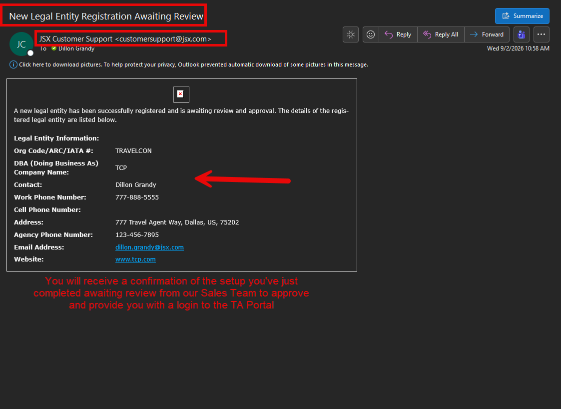 Confirmation email titled New Legal Entity Registration Awaiting Review