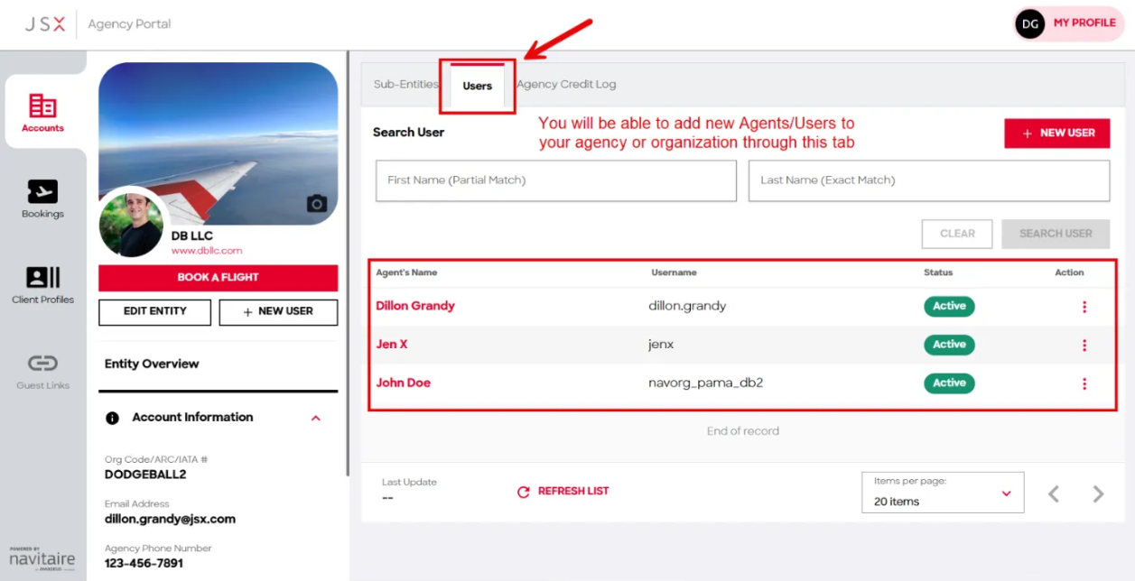 The Users tab listing agents and their status